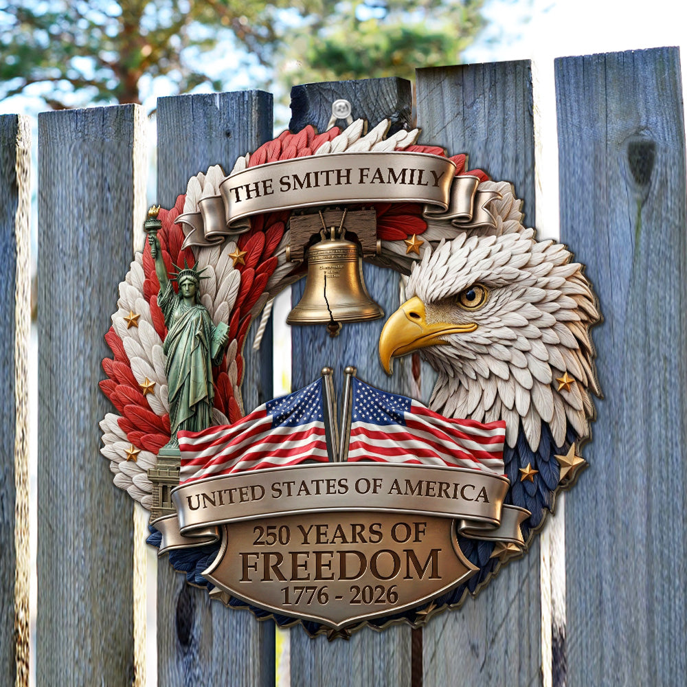 Custom Family Patriotic Hanging Decor, 4th of July • 250 Years Strong Together - Personalized Wood Sign
