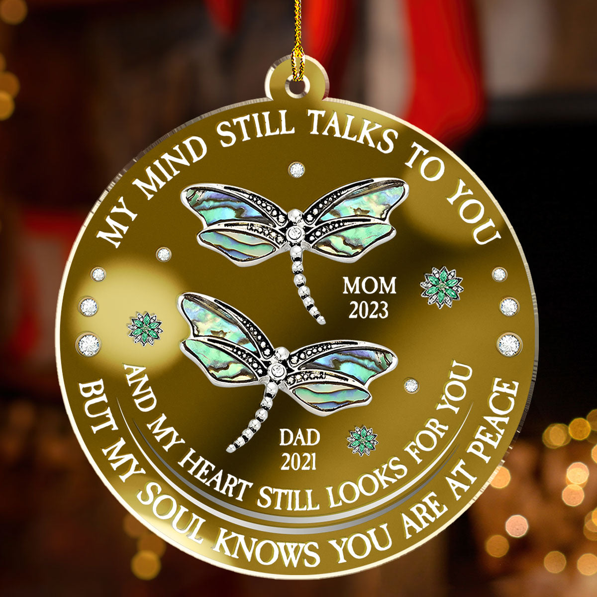 Custom Memorial Christmas Ornament, Sympathy Keepsake •  Dragonfly My Mind My Heart My Soul - Personalized Mirrored Acrylic Ornament