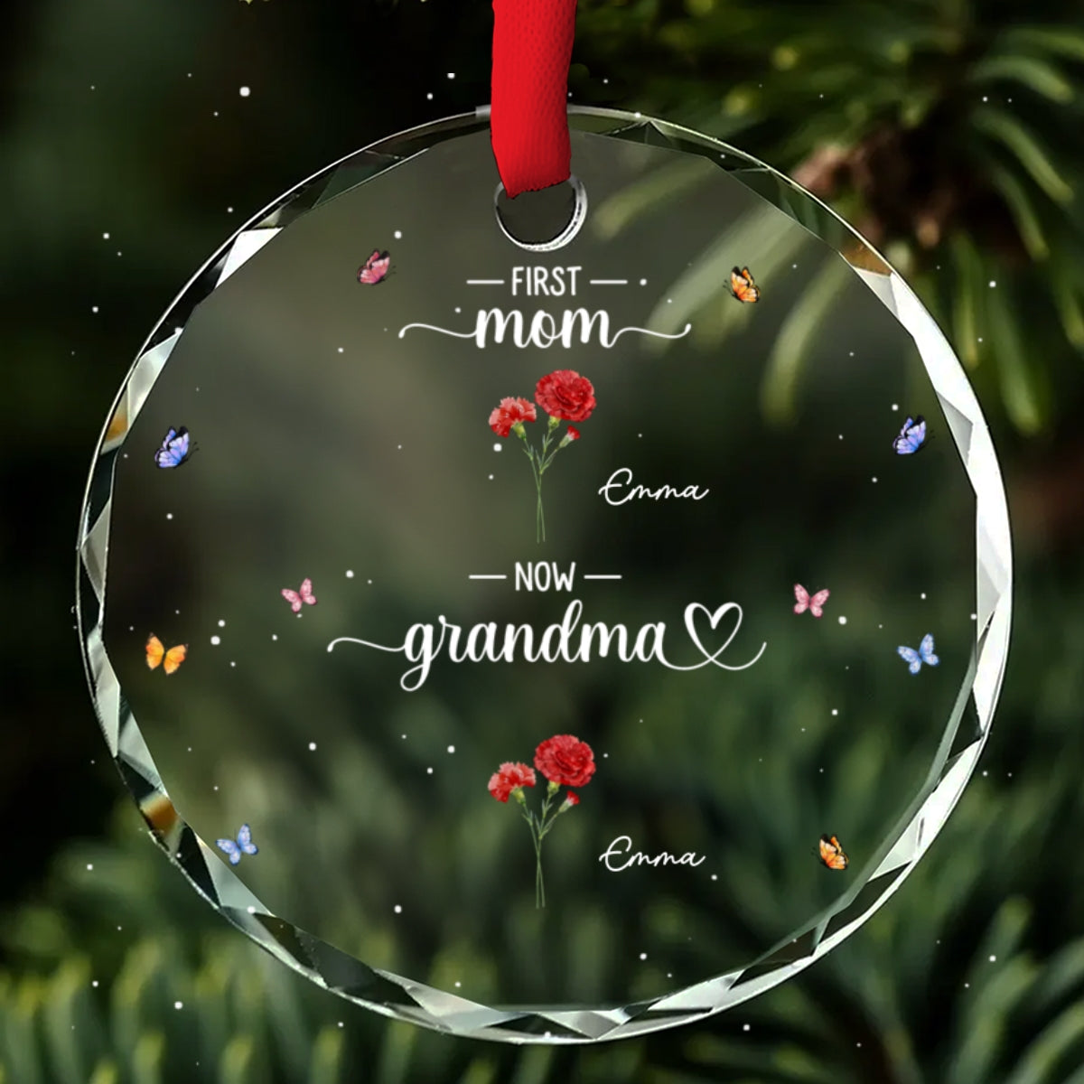 Custom Family Ornament, Christmas Gift for Family Members •  First Mom Now Happiness Grandma - Personalized Glass Ornament
