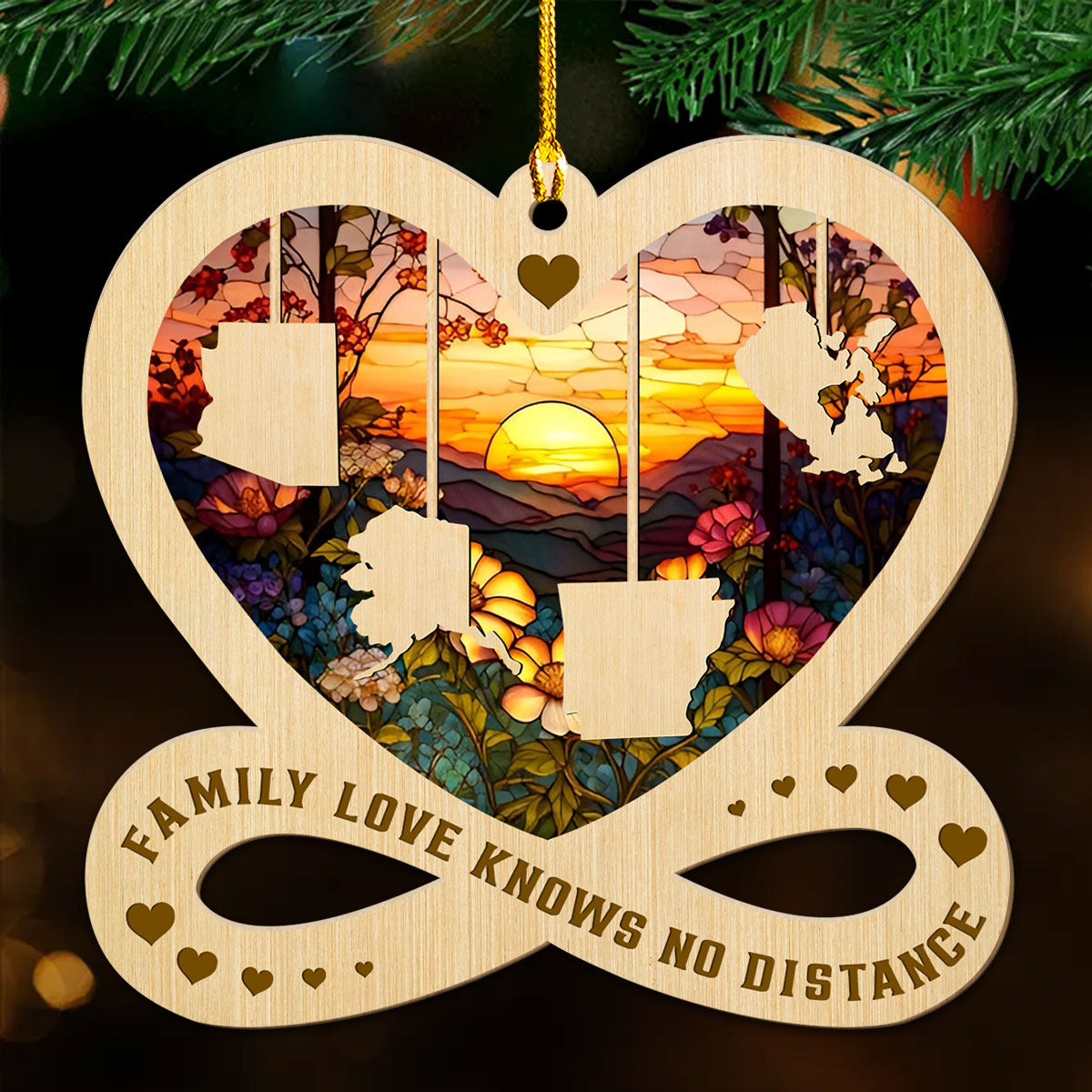 Custom Family Christmas Ornament for Long Distance Families •  Family Love Knows No Distance - Personalized Wood Ornament