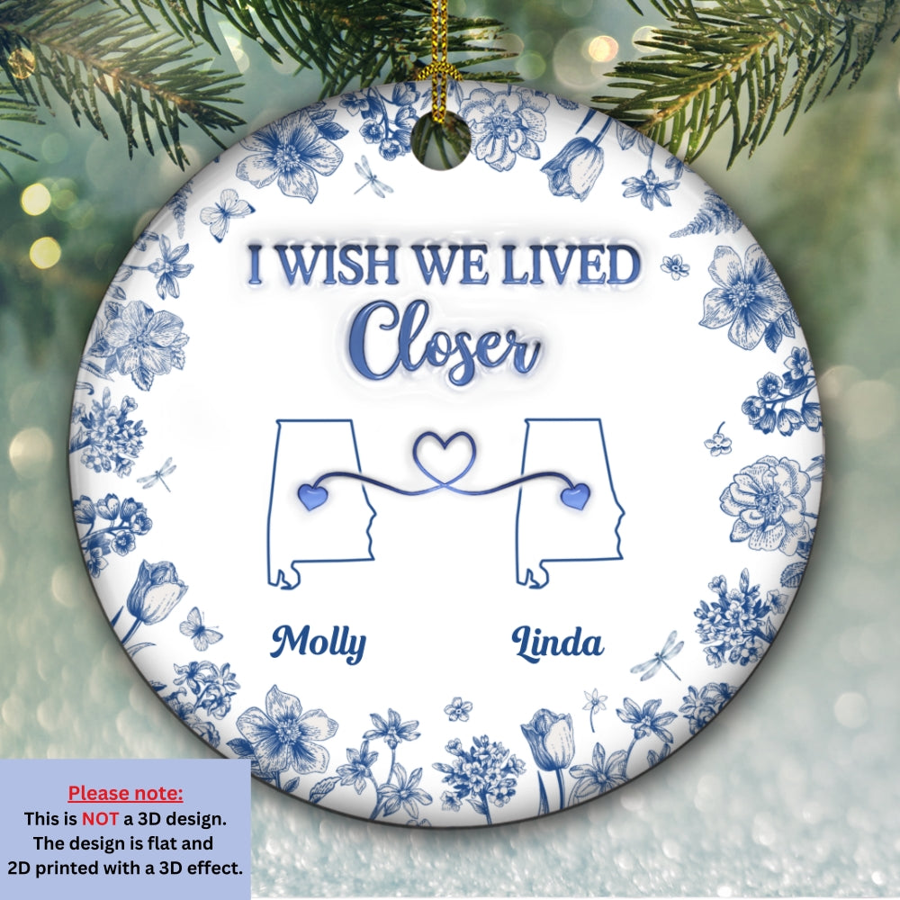 Custom Friendship Christmas Ornament, Best Friend Gift •  I Wish Blue Toile Style - Personalized 3D Inflated Effect Ceramic Ornament