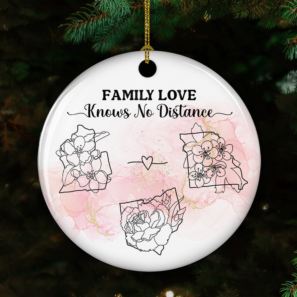 Custom Family Christmas Ornament for Long Distance Families •  Family Love Knows No Distance Floral Version - Personalized Circle Ceramic Ornament