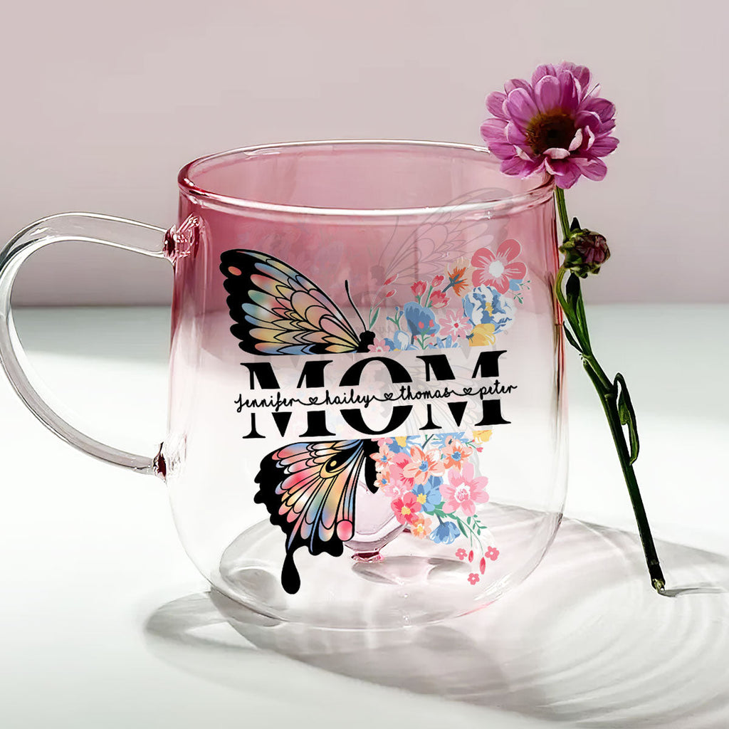 Custom Mother's Day Gift for Mom & Grandma • Lovely Butterfly - Personalized Pink Gradient Glass Mug