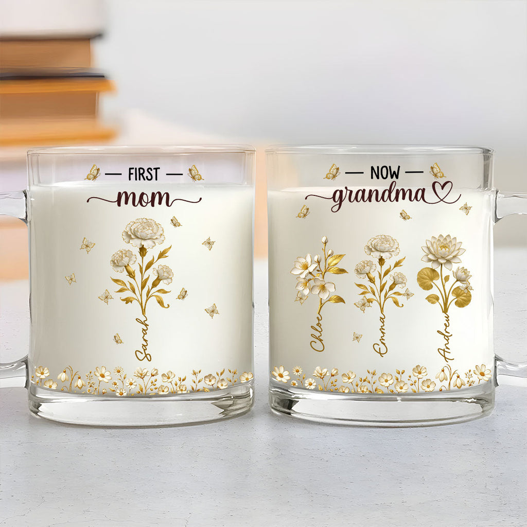Custom Mother's Day Gift for Mom & Grandma • Grandma Gold Flower - Personalized Glass Mug