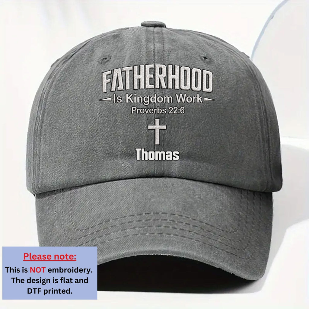 Custom Christmas Headwear Birthday Gifts for Dad, Grandpa • Fatherhood Is Kingdom Work - Personalized Vintage Washed Denim Cap