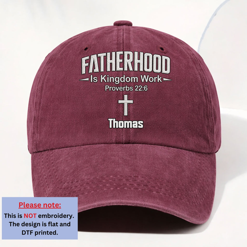Custom Christmas Headwear Birthday Gifts for Dad, Grandpa • Fatherhood Is Kingdom Work - Personalized Vintage Washed Denim Cap