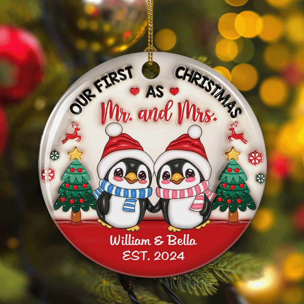 Custom First Christmas Ornament Married, Gift for Newlyweds •  Couple Christmas - Personalized 3D Inflated Effect Ceramic Ornament