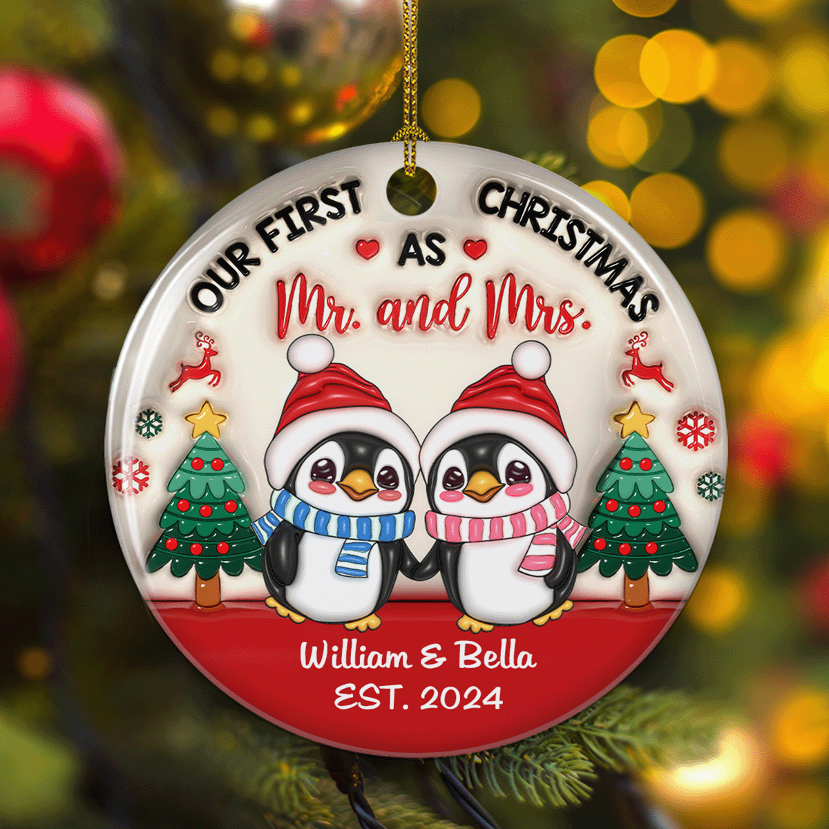 Custom First Christmas Ornament Married, Gift for Newlyweds •  Couple Christmas - Personalized 3D Inflated Effect Ceramic Ornament