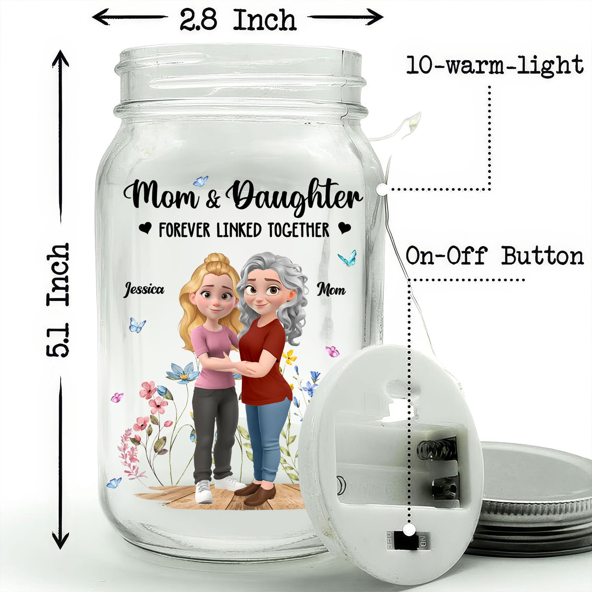 Mom And Daughter Forever Linked Together - Personalized Mason Jar Light