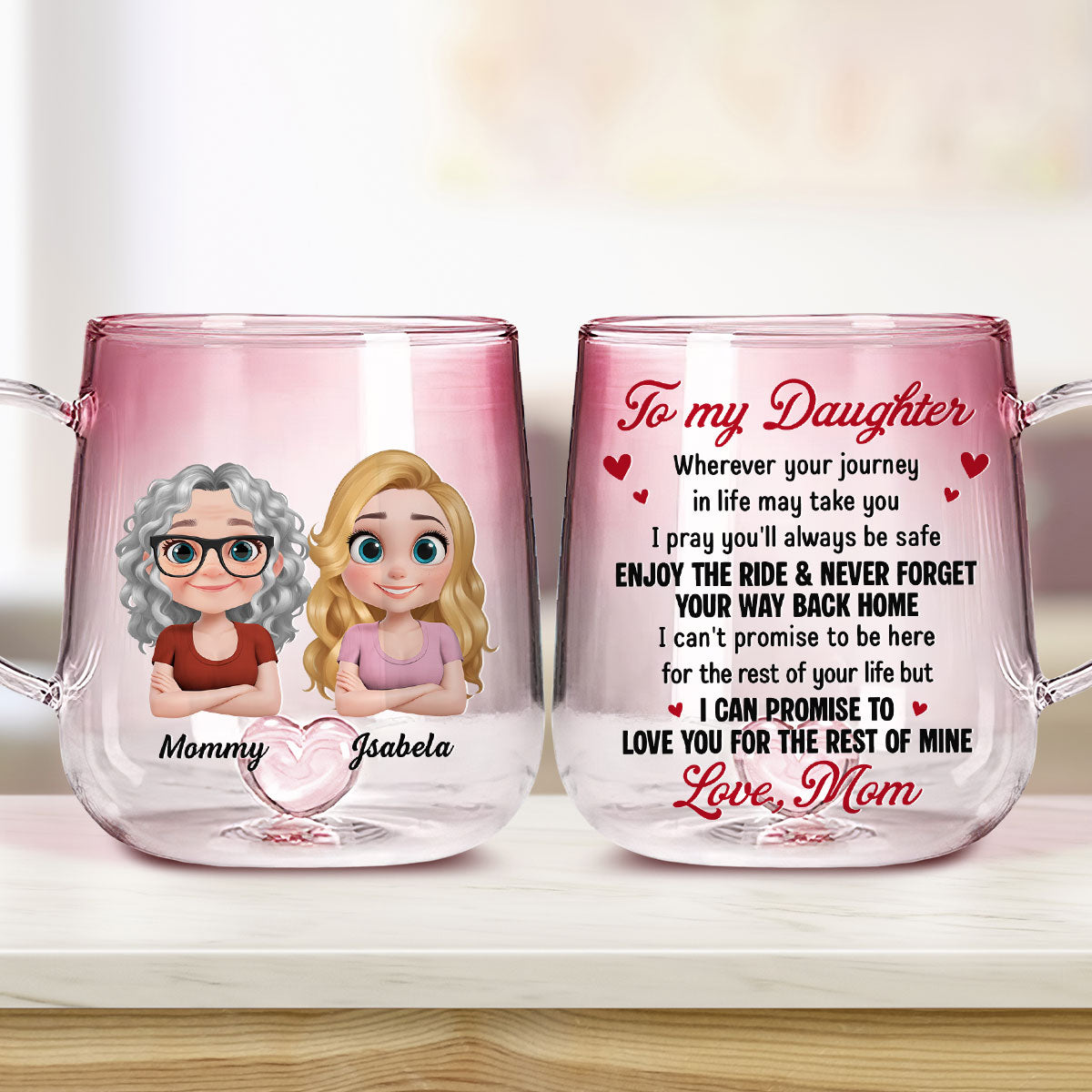 Custom Christmas & Birthday Gift for Daughter • Mom To Daughter Enjoy The Ride - Personalized Pink Gradient Glass Mug