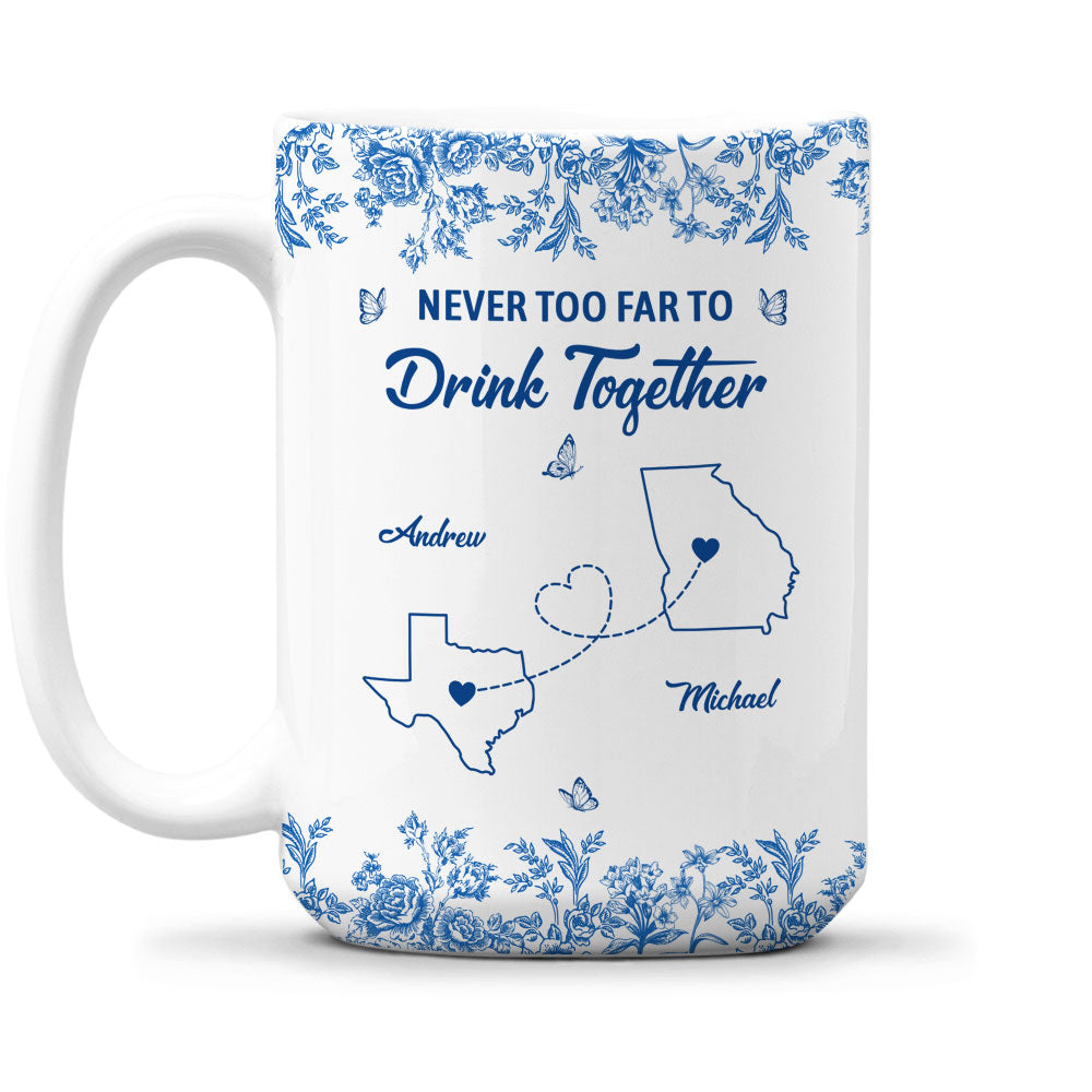 Custom Best Friend, Christmas & Birthday Friendship Keepsake Gift • Never Too Far Toile Version - Personalized Coffee Mug
