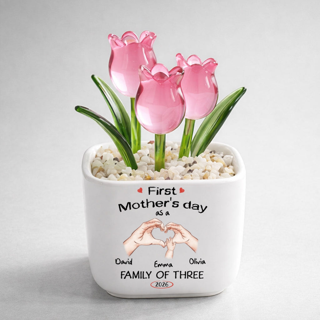 Custom Flower Keepsake, Meaningful Glass Home Decor Gift • As A Family Of Three - Personalized Glass Everlasting Tulips