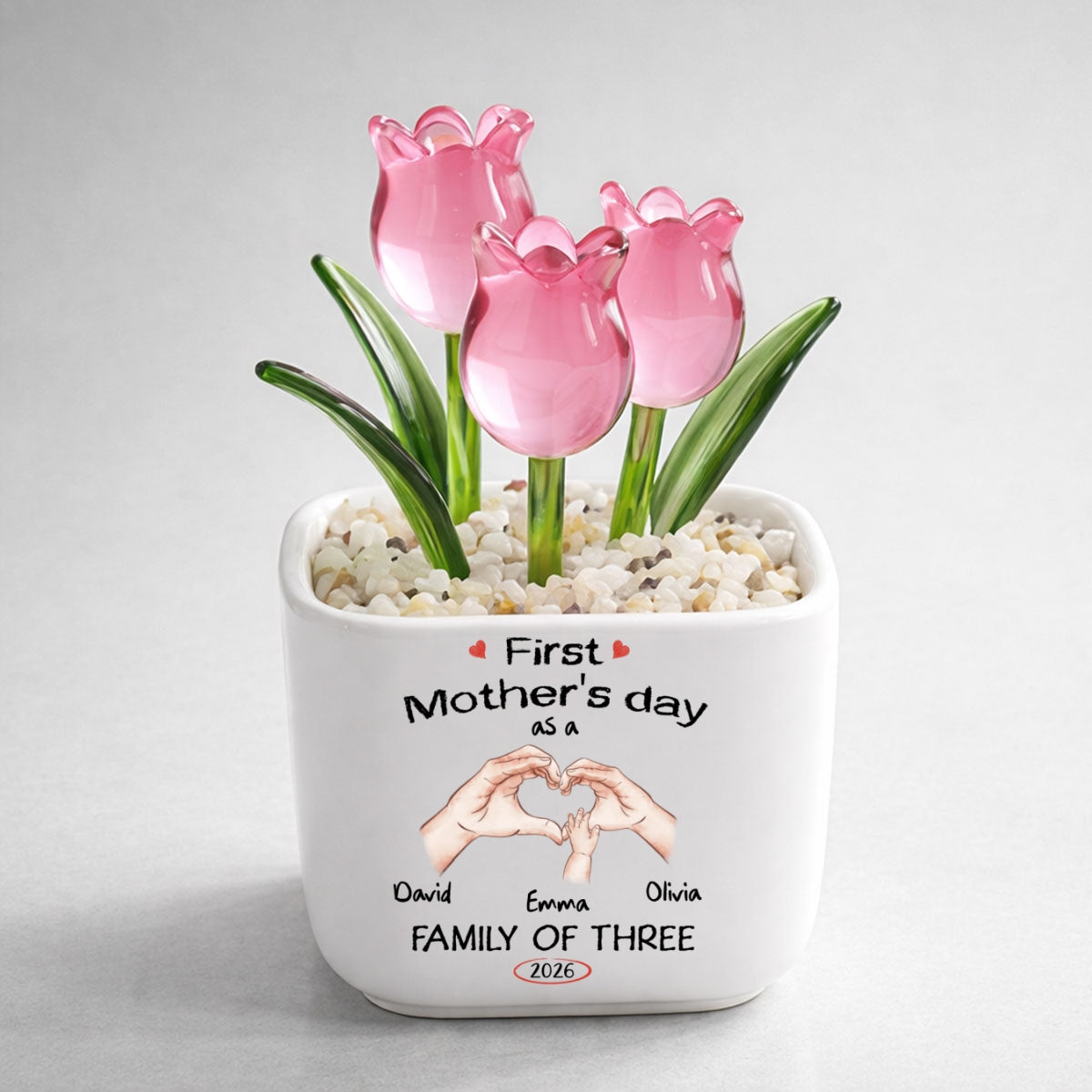 Custom Flower Keepsake, Meaningful Glass Home Decor Gift • As A Family Of Three - Personalized Glass Everlasting Tulips