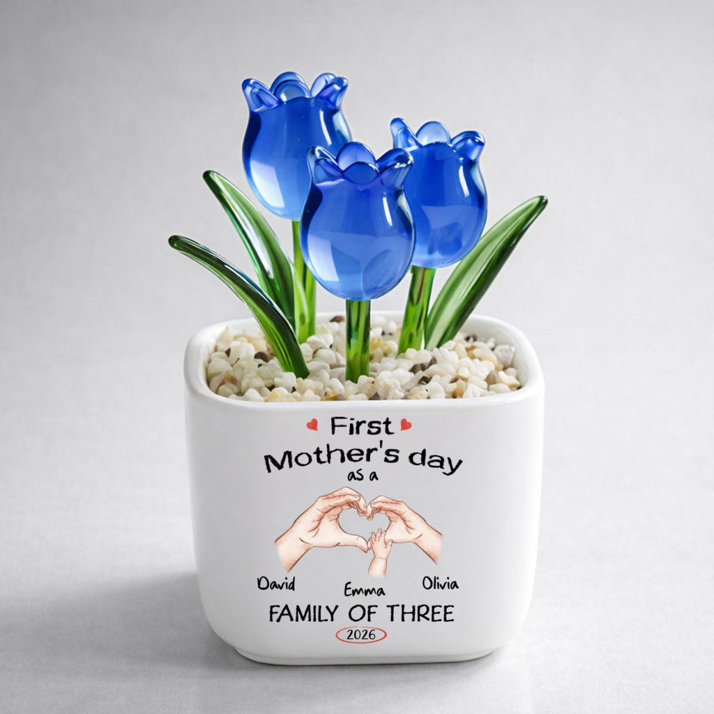 Custom Flower Keepsake, Meaningful Glass Home Decor Gift • As A Family Of Three - Personalized Glass Everlasting Tulips