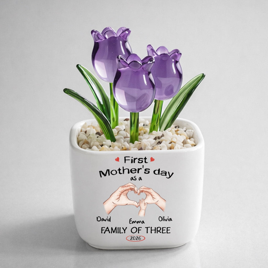 Custom Flower Keepsake, Meaningful Glass Home Decor Gift • As A Family Of Three - Personalized Glass Everlasting Tulips