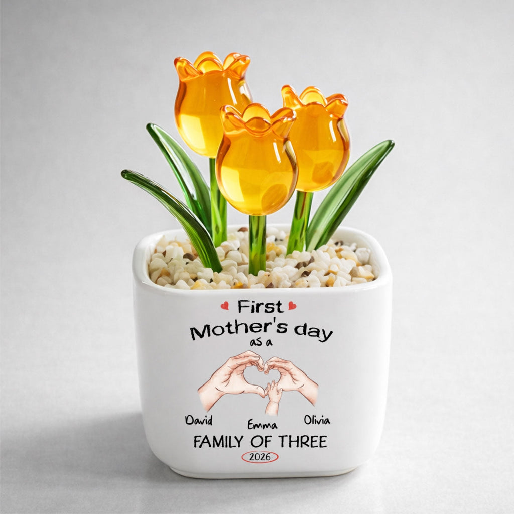 Custom Flower Keepsake, Meaningful Glass Home Decor Gift • As A Family Of Three - Personalized Glass Everlasting Tulips