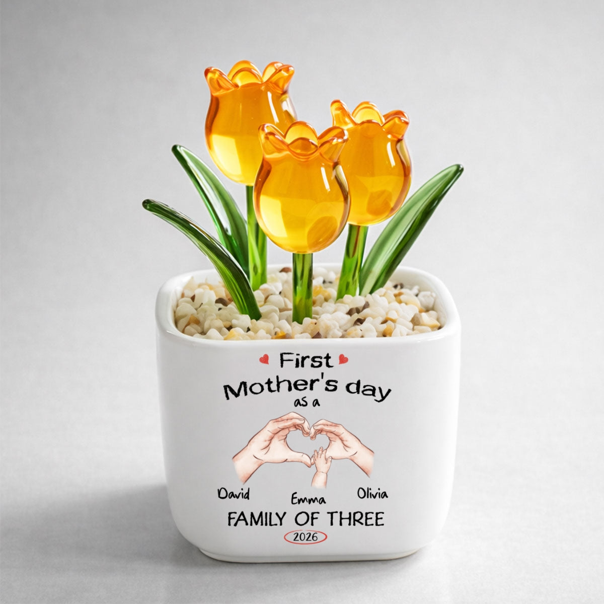 Custom Flower Keepsake, Meaningful Glass Home Decor Gift • As A Family Of Three - Personalized Glass Everlasting Tulips