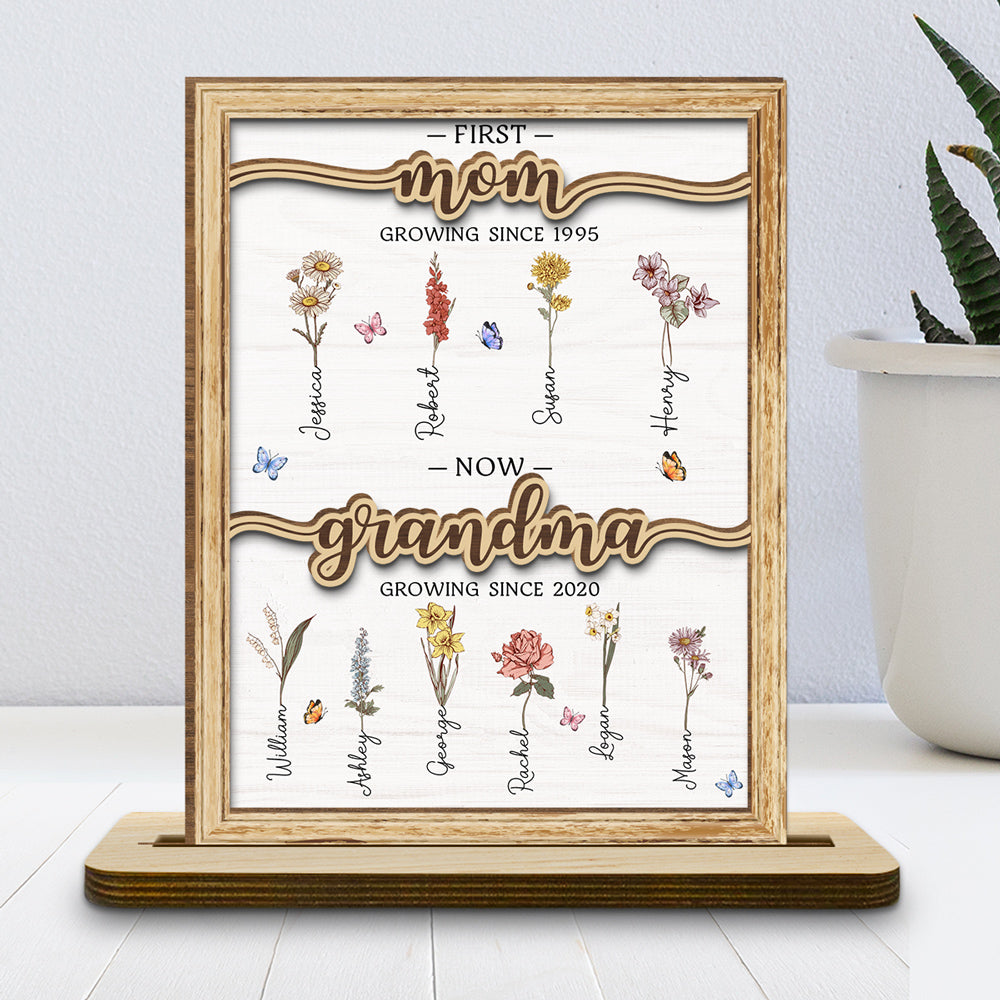 Custom Family Decor, Christmas Birthday Family Keepsake • First Mom Now Grandma - Personalized 2-Layer Wood Plaque With Flat Base