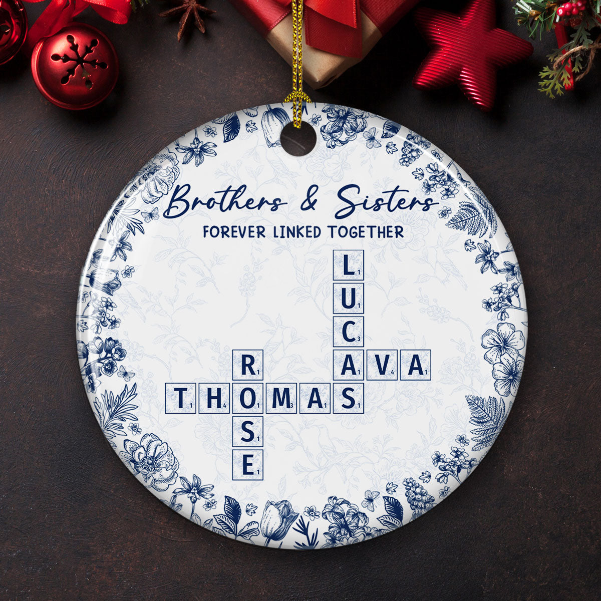 Custom Brothers & Sisters Christmas Ornament •  Family Ties Never Fade - Personalized Ceramic Ornament