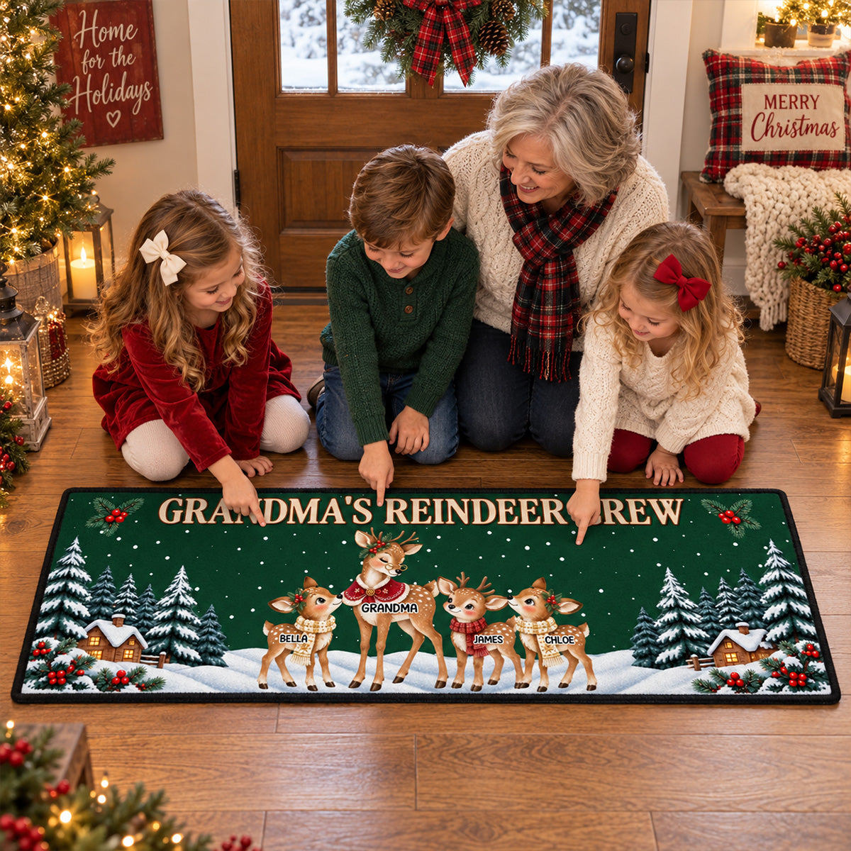 Custom Family Name Rug, Housewarming Birthday Gift For Family Members • Reindeer Winter Love - Personalized Runner Rug