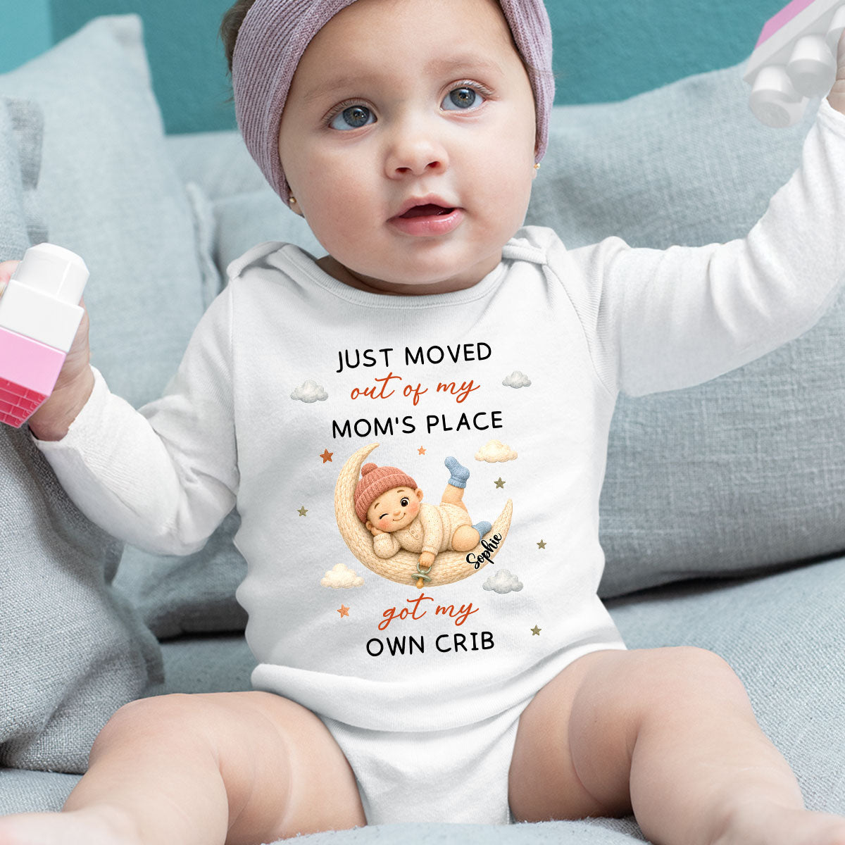 Just Moved Out Of My Mom Place - Personalized Long Sleeve Baby Onesie