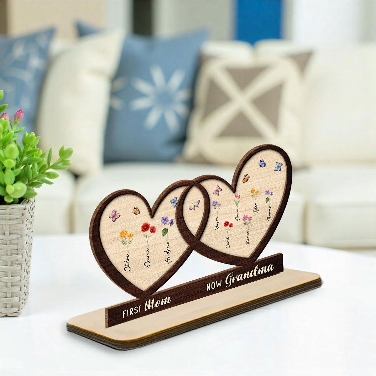 Custom Mother's Day Decor, Gift for Mom & Grandma • First Mom Now Grandma Flower - Personalized 2-Layer Wood Plaque With Flat Base