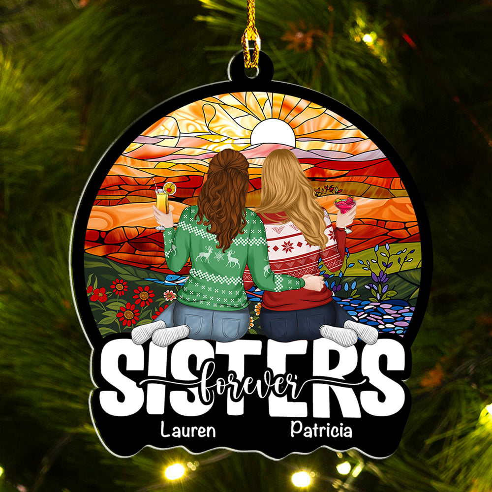 Custom Friendship Christmas Ornament, Best Friend Gift •  Besties Sitting Together - Personalized Acrylic Ornament