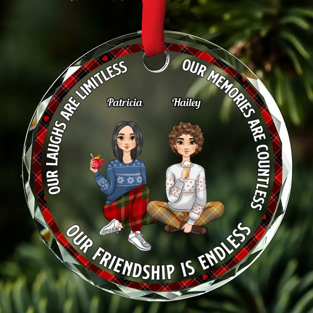 Custom Friendship Christmas Ornament, Best Friend Gift •  Our Laughs Are Limitless - Personalized Glass Ornament