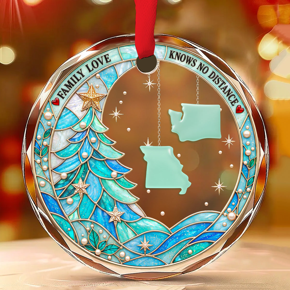 Custom Family Christmas Ornament for Long Distance Families •  Love Knows No Distance - Personalized Glass Ornament