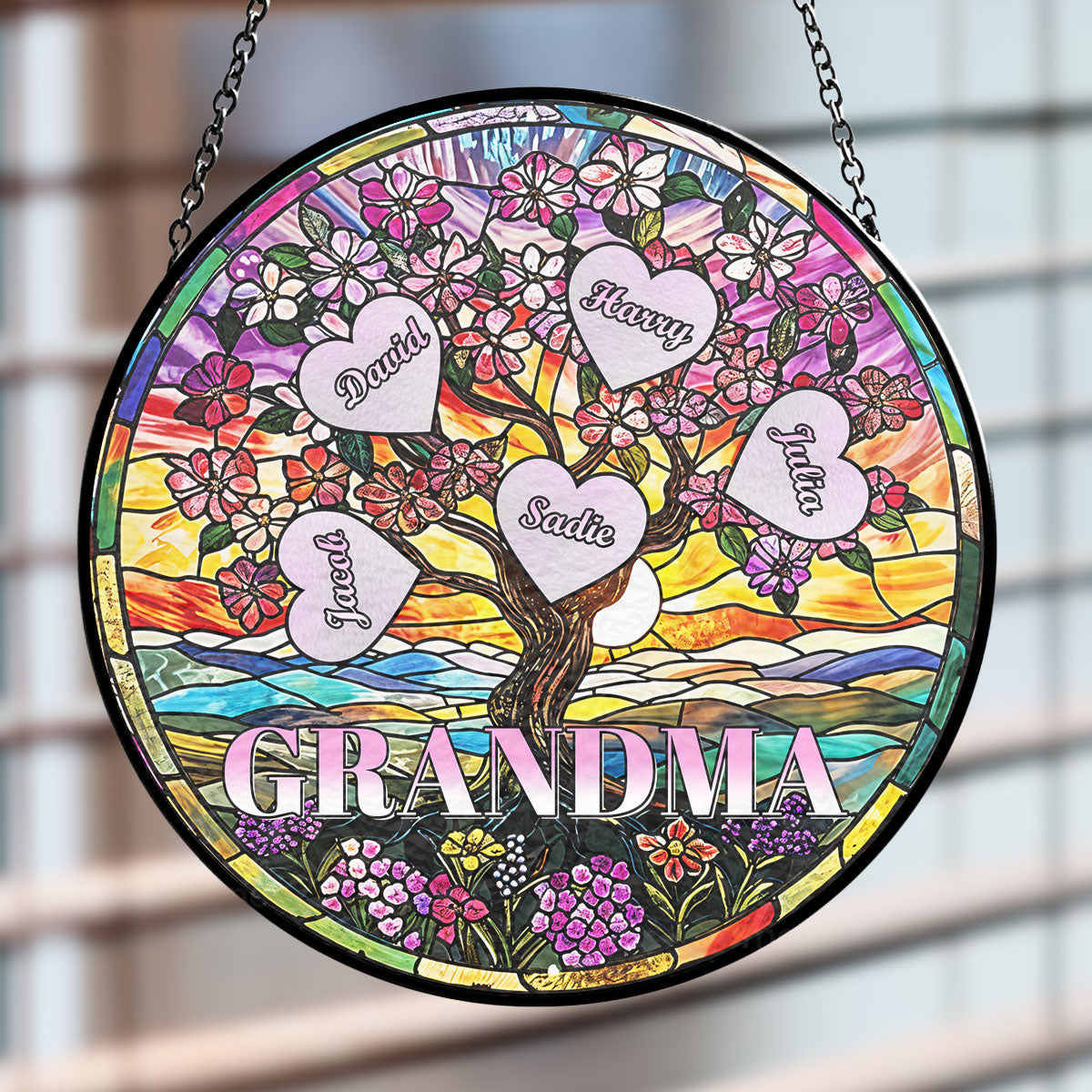 Custom Name Grandma Hanging Decor, Mother's Day Birthday Gifts • Love Grows Here - Personalized Stained Glass Window Hanging Suncatcher
