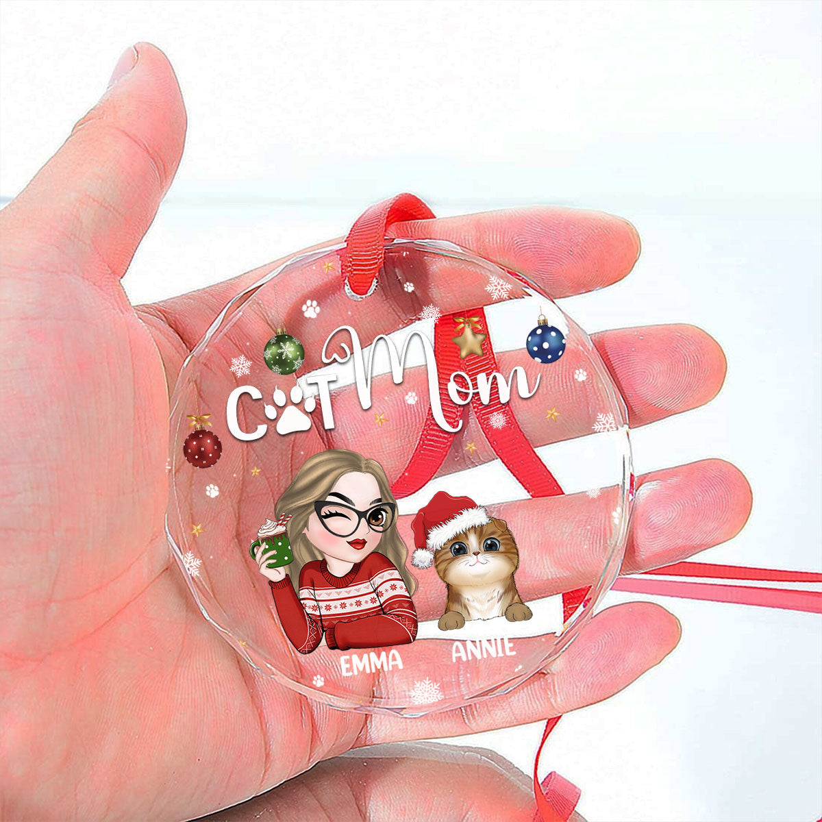 Custom Keepsake Christmas Ornament •  Cat Mom - Personalized Glass Ornament