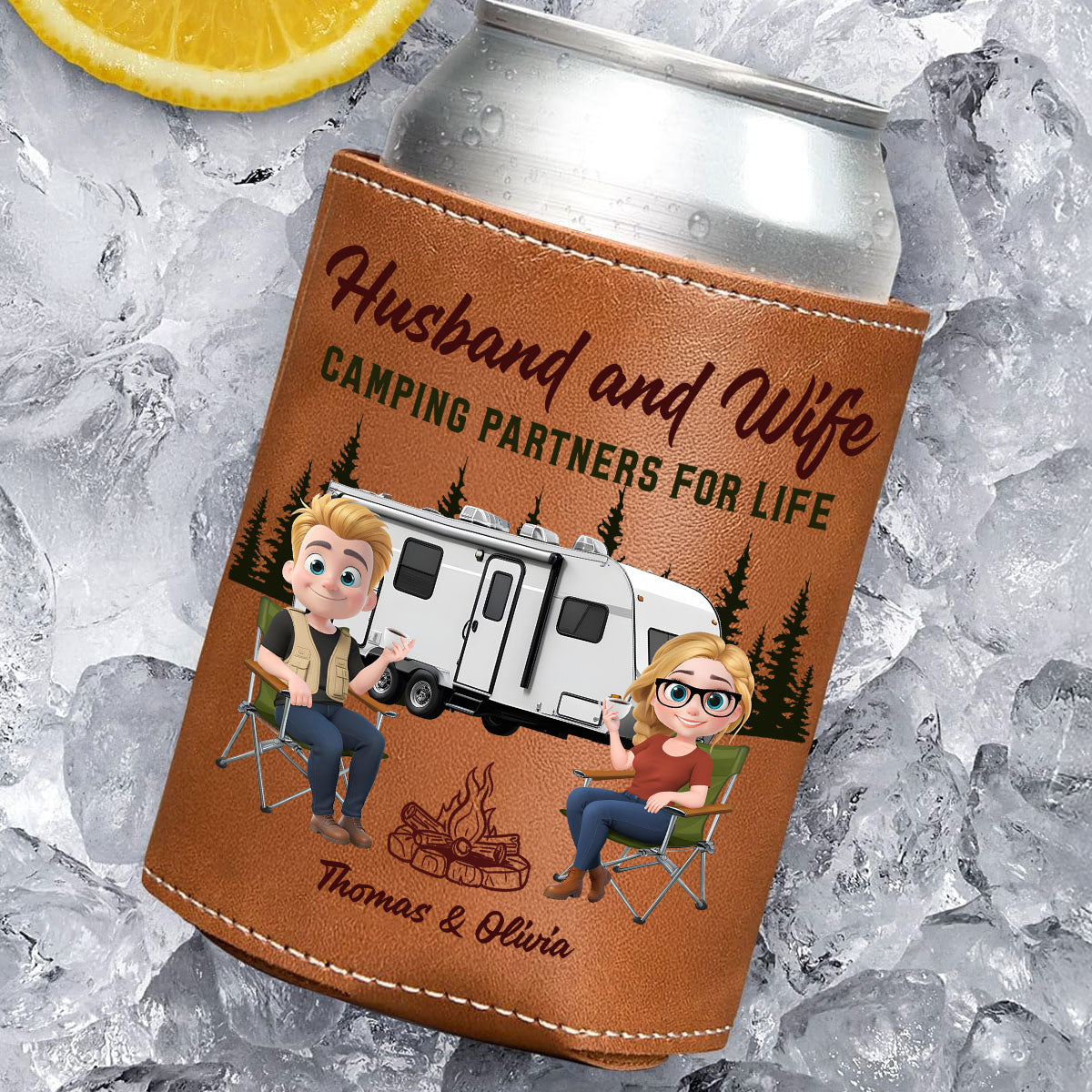 Camping Together For Life - Personalized Leather Can Cooler Holder