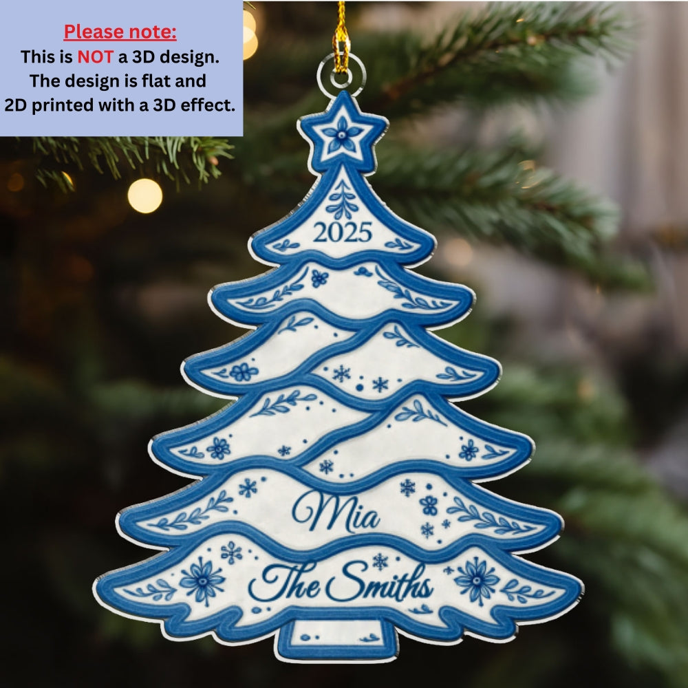 Custom Family Ornament, Christmas Gift for Family Members •  Delft Blue Christmas Tree - Personalized Acrylic Ornament