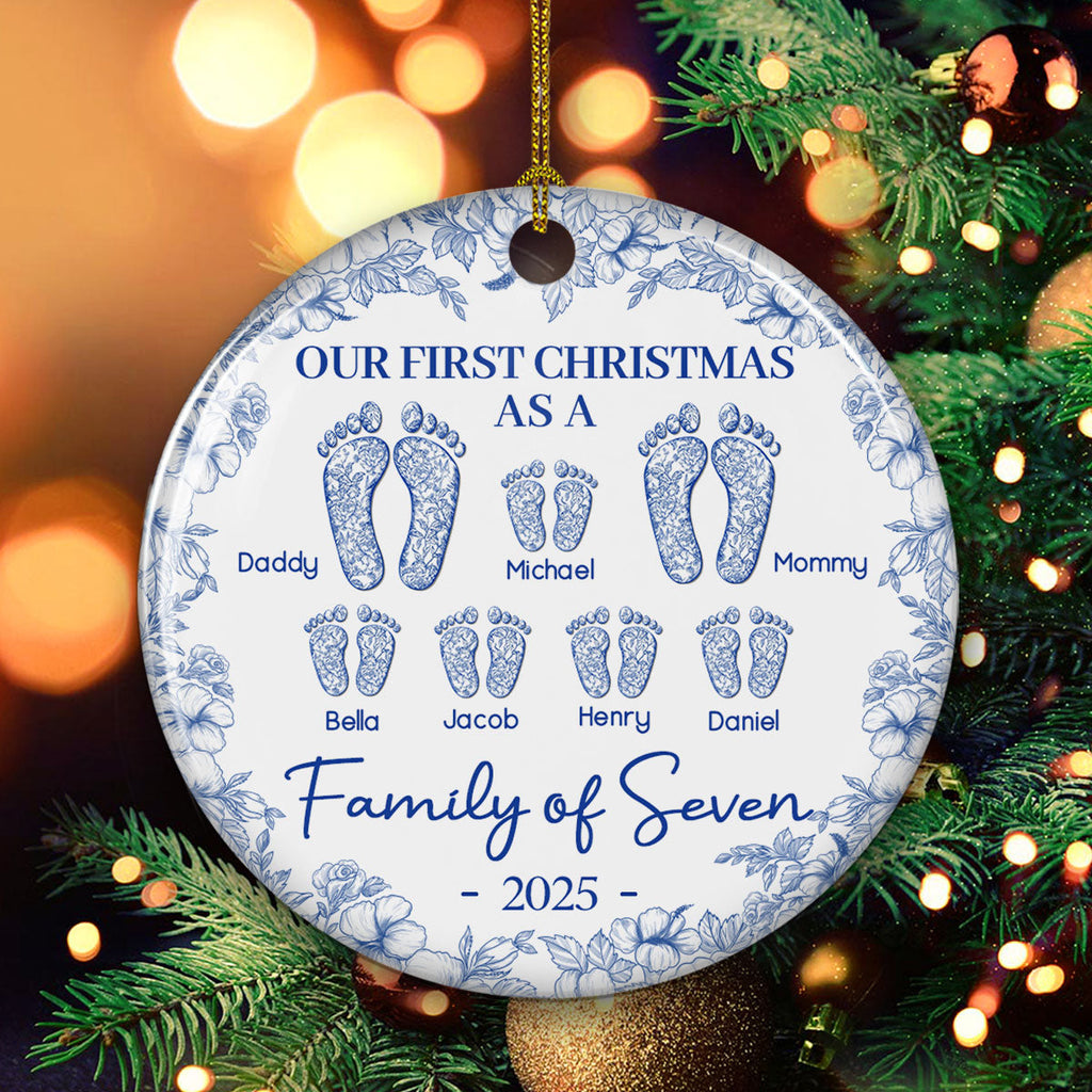 Custom Keepsake Christmas Ornament •  First Christmas As A Family Of Four Toile Footprints - Personalized Ceramic Ornament