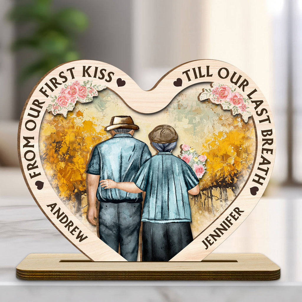 Custom Decor for Wife, Gift for Her • Our First Kiss - Personalized 2-Layer Wood Plaque With Flat Base