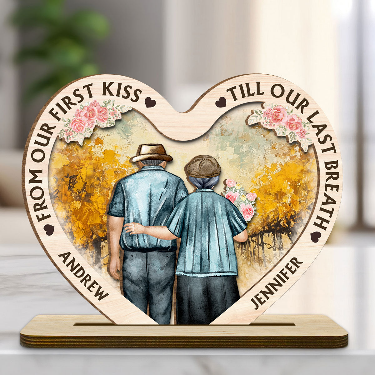 Custom Decor for Wife, Gift for Her • Our First Kiss - Personalized 2-Layer Wood Plaque With Flat Base
