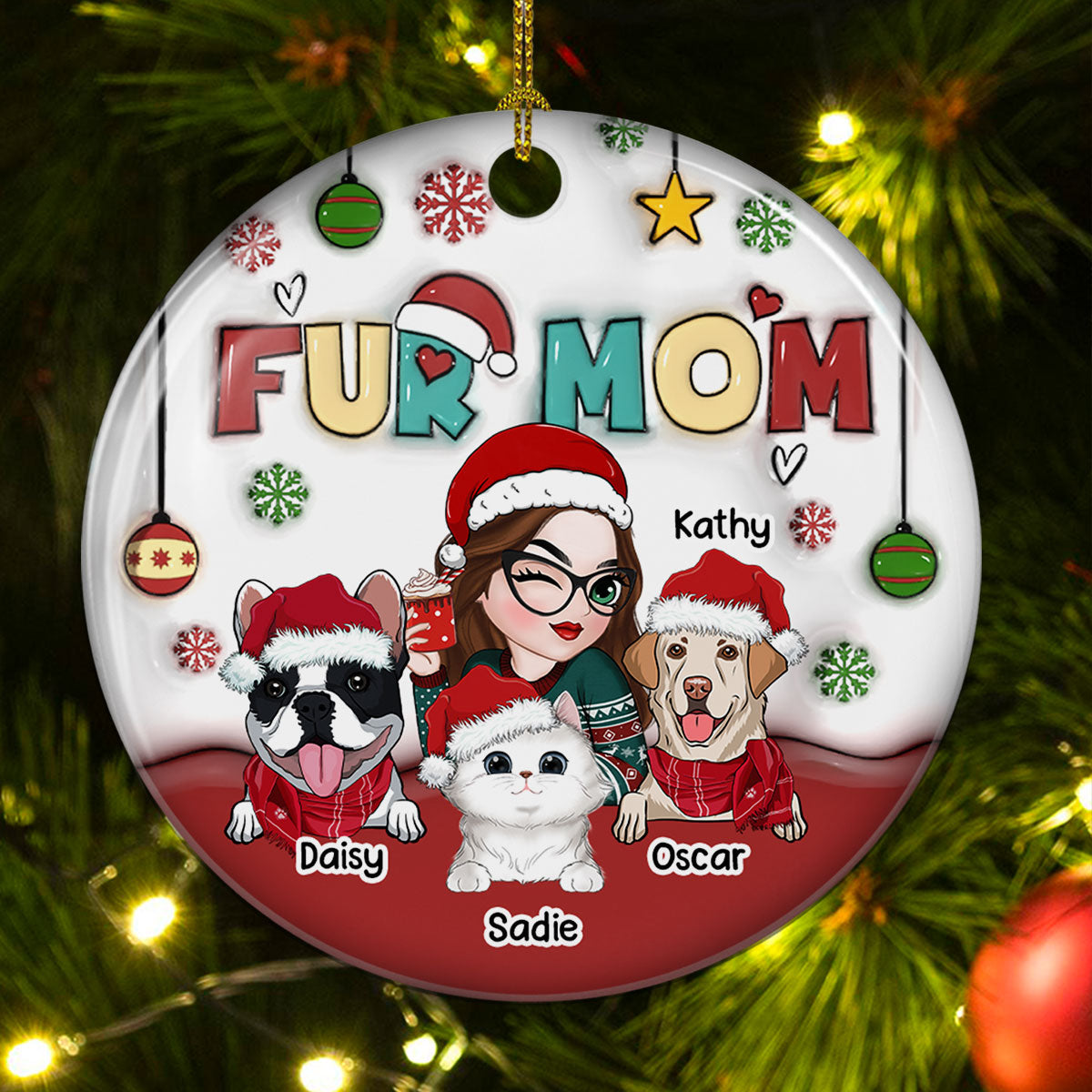 Custom Keepsake Christmas Ornament •  Mom Of Pets- Personalized 3D Inflated Effect Ceramic Ornament