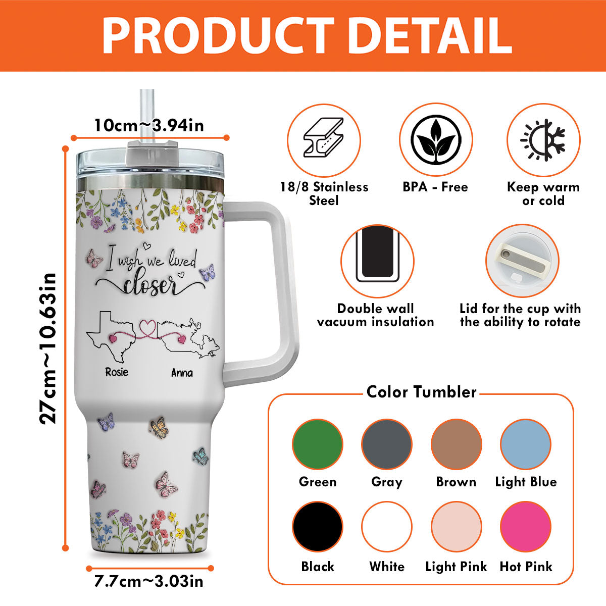 Custom Christmas Birthday Gifts For Best Friend • I Wish We Lived Closer Floral Version - Personalized 3D Inflated Effect Printed 40 Oz Tumbler