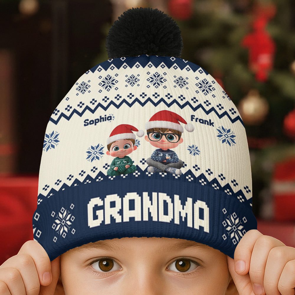 Custom Grandma Christmas Winter Hat • My Grandkids Are Ahead All - Personalized Bobble Beanie Hat