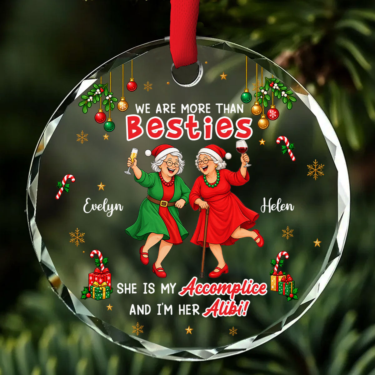 Custom Friendship Christmas Ornament, Best Friend Gift •  Accomplice And Alibi - Personalized Glass Ornament