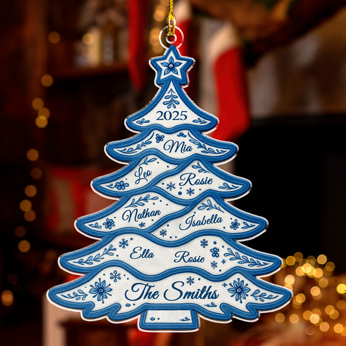 Custom Family Ornament, Christmas Gift for Family Members •  Delft Blue Christmas Tree - Personalized Acrylic Ornament