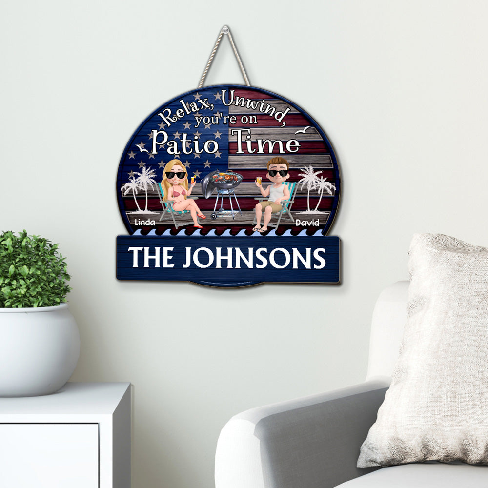 Custom Family Patriotic Hanging Decor, 4th of July • It Is Patio Time America - Personalized Wood Sign