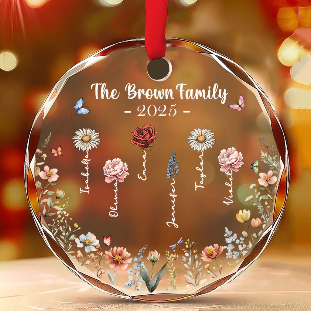 Custom Family Ornament, Christmas Gift for Family Members •  Feliz Navidad Flower - Personalized Glass Ornament