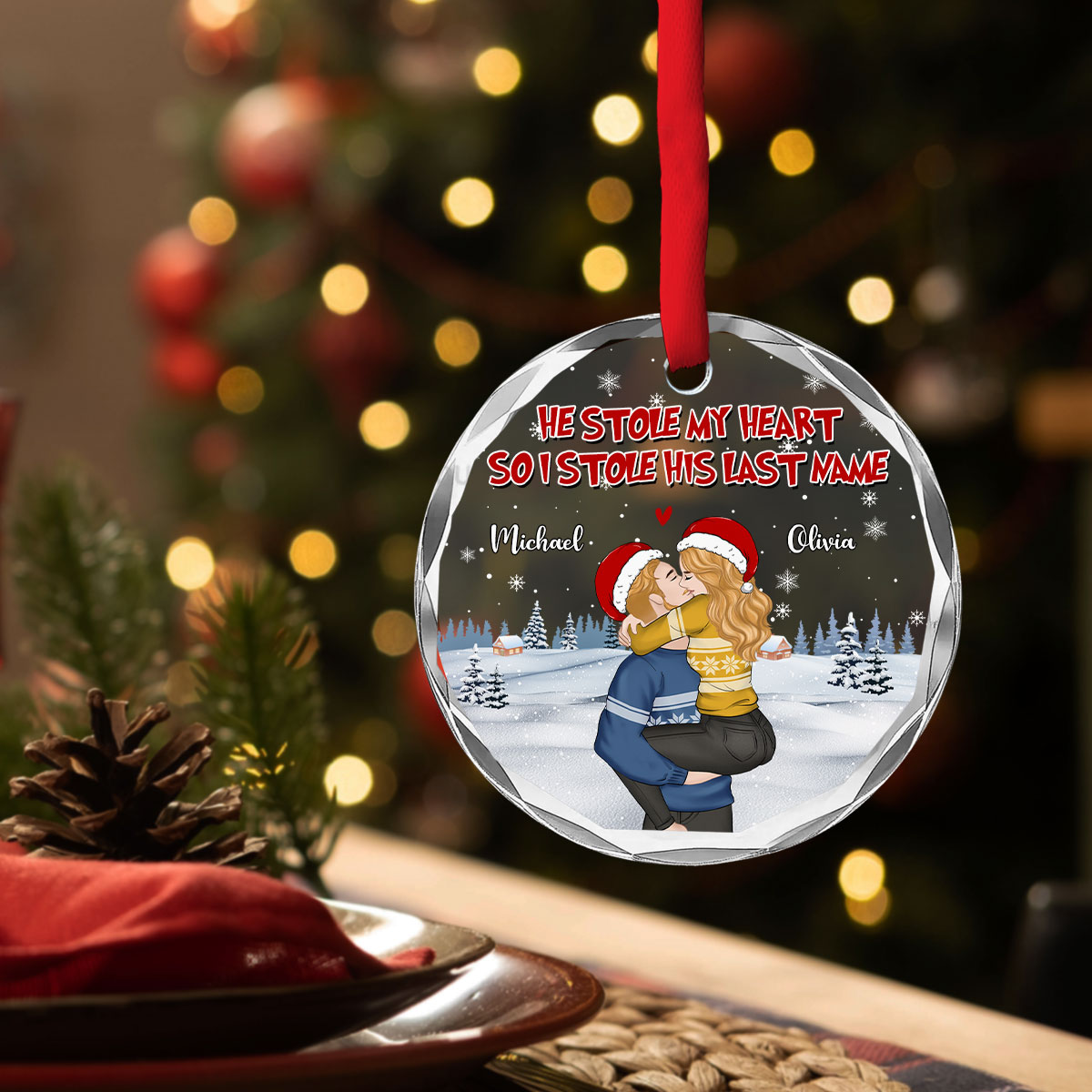 Custom Couple Christmas Ornament, Anniversary Gift •  You Stole My Heart - Personalized Glass Ornament