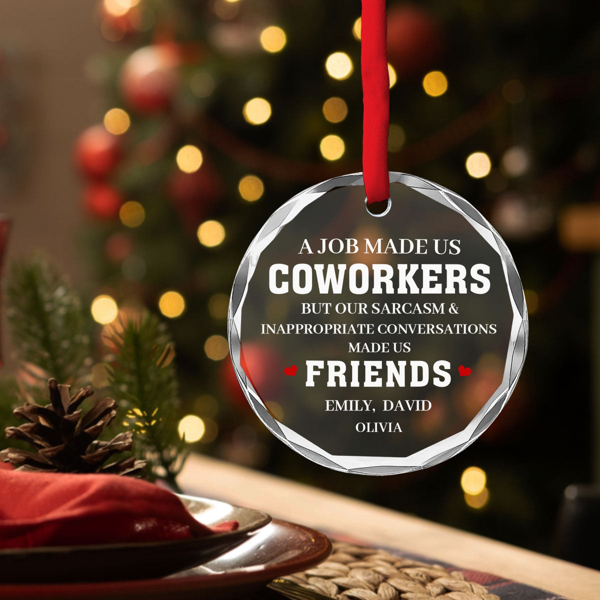 Custom Coworker Christmas Ornament, Team Appreciation Gift •  Made Us Friends - Personalized Glass Ornament