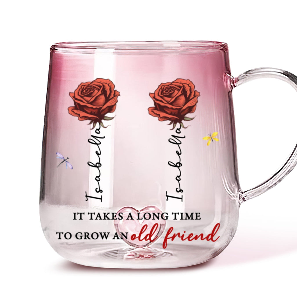 Custom Name & Birth Flower Birthday, Christmas Gift for Best Friend • It Takes A Long Time - Personalized Pink Gradient Glass Mug