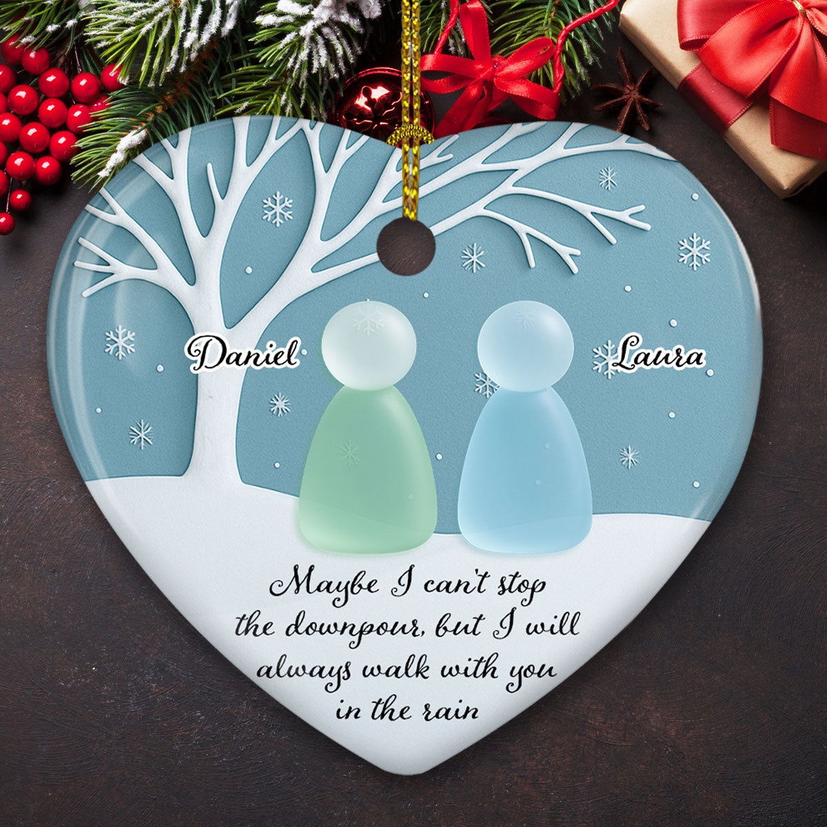 Custom Friendship Christmas Ornament, Best Friend Gift •  Walk With You In The Rain Sea Glass - Personalized 3D Effect Heart Ceramic Ornament