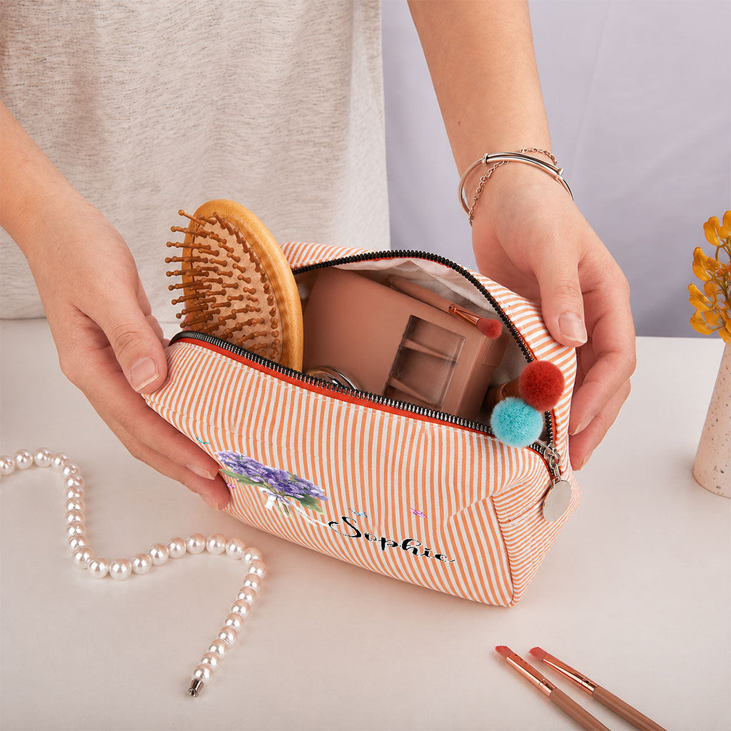 Custom Name & Birth Flower For Her, Wife, Daughter, Sister, Friends • Birth Month Flower - Personalized Seersucker Print Makeup Bag