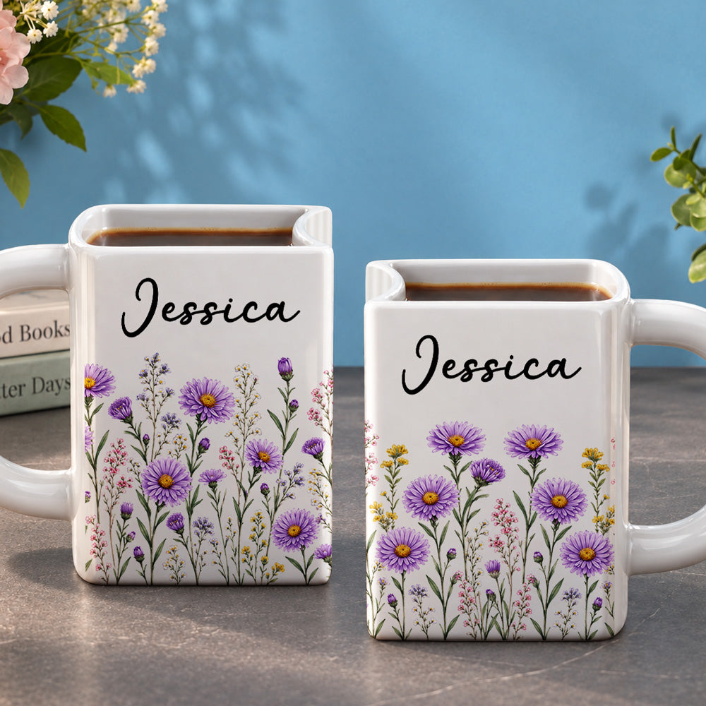 Custom Birth Flower & Name For Friends, Book Lovers, Bookworms, Readers • A Cozy Cup For Readers - Personalized Book Shaped Mug