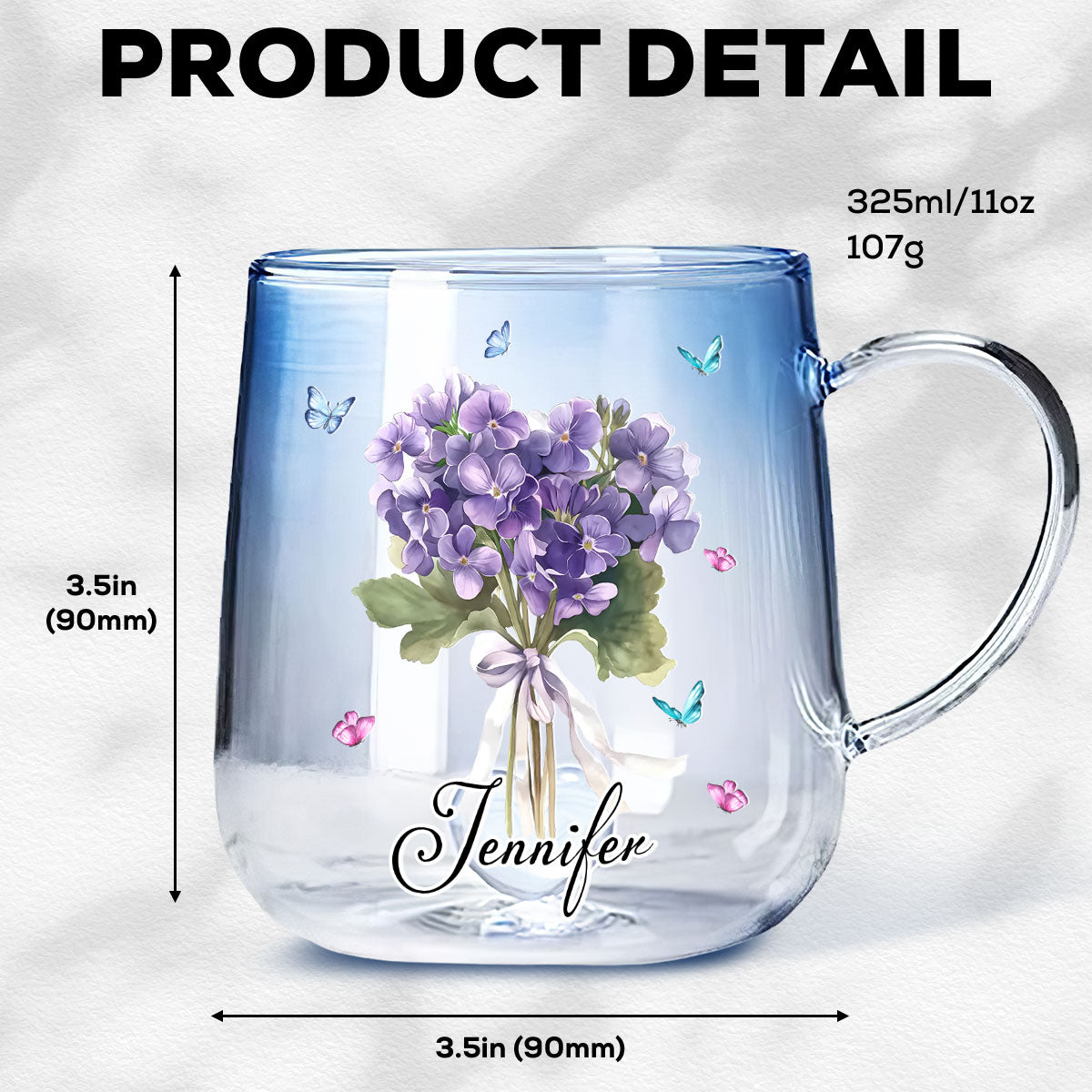 Custom Christmas & Birthday Keepsake Gift • Birthmonth Flower With Name - Personalized Blue Gradient Glass Mug